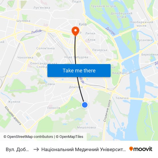 Вул. Добрий Шлях to Національний Медичний Університет Імені О. О. Богомольця map
