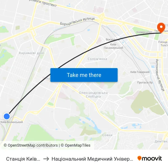 Станція Київ-Волинський to Національний Медичний Університет Імені О. О. Богомольця map