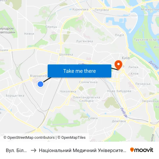 Вул. Білецького to Національний Медичний Університет Імені О. О. Богомольця map