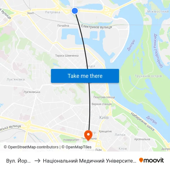 Вул. Йорданська to Національний Медичний Університет Імені О. О. Богомольця map