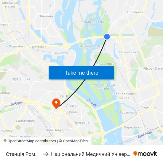 Станція Романа Шухевича to Національний Медичний Університет Імені О. О. Богомольця map