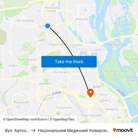 Вул. Автозаводська to Національний Медичний Університет Імені О. О. Богомольця map