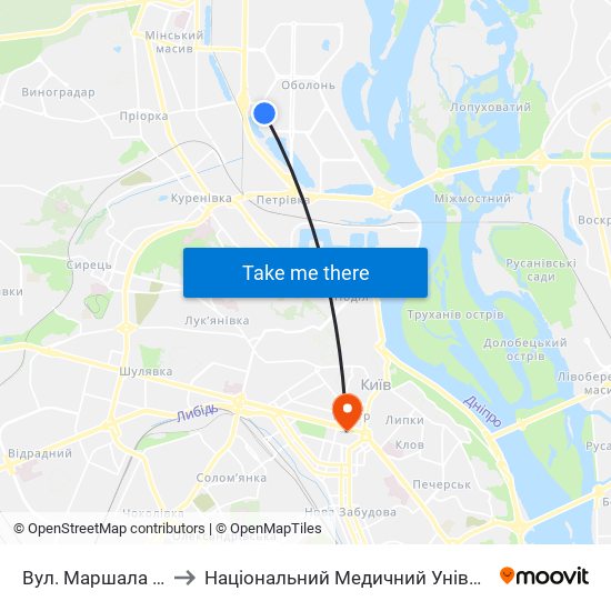 Вул. Маршала Малиновського to Національний Медичний Університет Імені О. О. Богомольця map