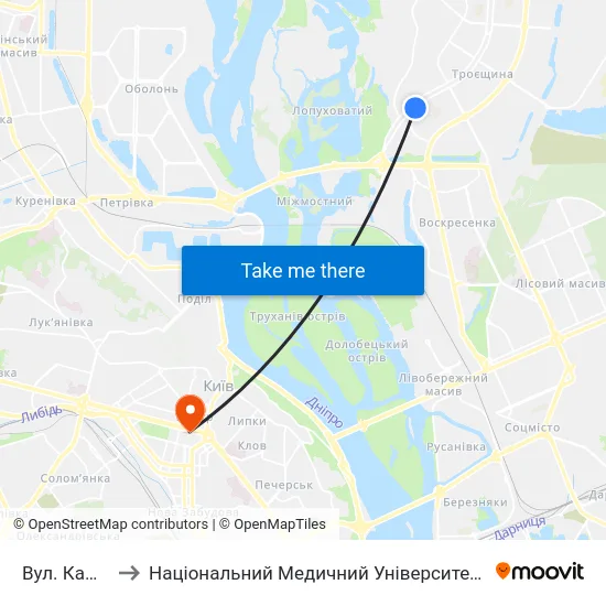 Вул. Каштанова to Національний Медичний Університет Імені О. О. Богомольця map