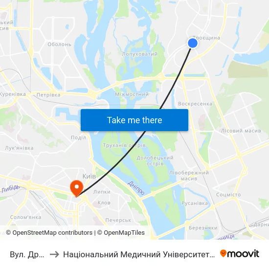 Вул. Драйзера to Національний Медичний Університет Імені О. О. Богомольця map