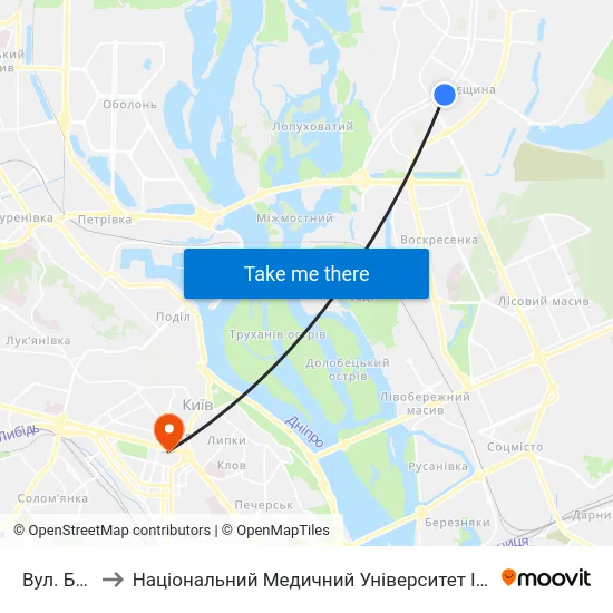 Вул. Беретті to Національний Медичний Університет Імені О. О. Богомольця map