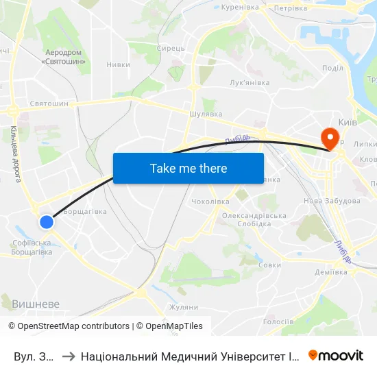 Вул. Зодчих to Національний Медичний Університет Імені О. О. Богомольця map