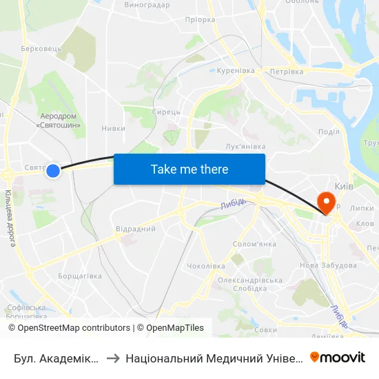 Бул. Академіка Вернадського to Національний Медичний Університет Імені О. О. Богомольця map