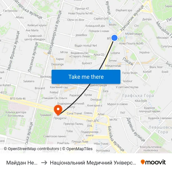Майдан Незалежності to Національний Медичний Університет Імені О. О. Богомольця map