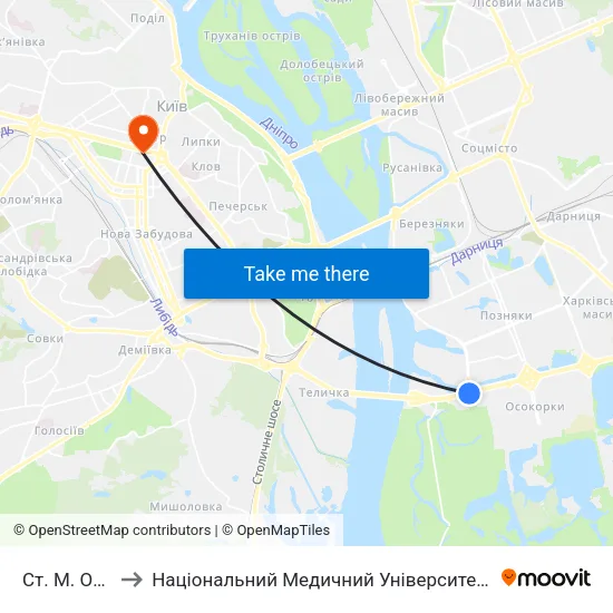 Ст. М. Осокорки to Національний Медичний Університет Імені О. О. Богомольця map
