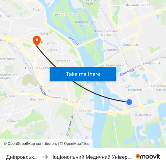 Дніпровська Набережна to Національний Медичний Університет Імені О. О. Богомольця map