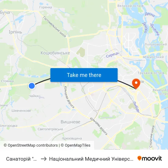 Санаторій ""Перемога"" to Національний Медичний Університет Імені О. О. Богомольця map