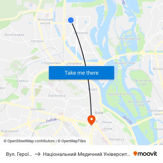 Вул. Героїв Дніпра to Національний Медичний Університет Імені О. О. Богомольця map
