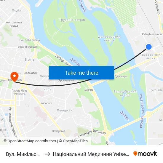 Вул. Микільсько-Слобідська to Національний Медичний Університет Імені О. О. Богомольця map