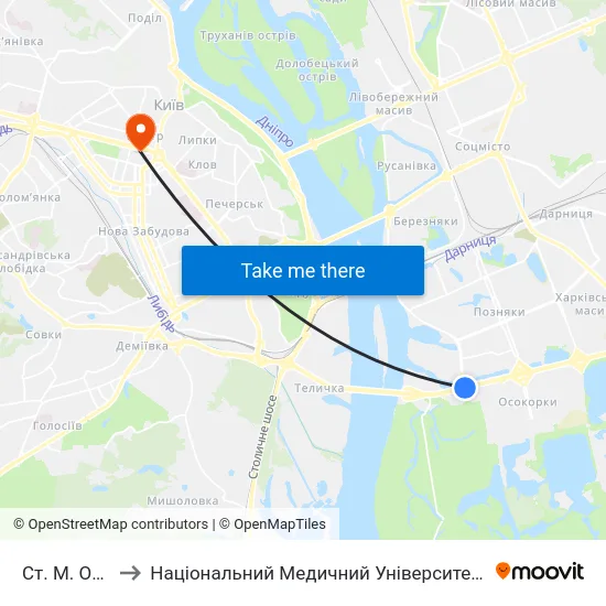 Ст. М. Осокорки to Національний Медичний Університет Імені О. О. Богомольця map