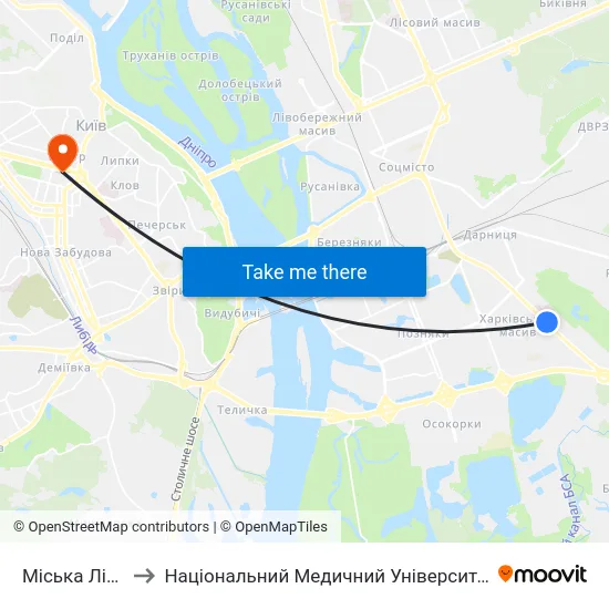 Міська Лікарня №1 to Національний Медичний Університет Імені О. О. Богомольця map
