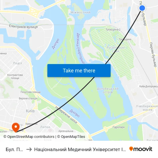 Бул. Перова to Національний Медичний Університет Імені О. О. Богомольця map