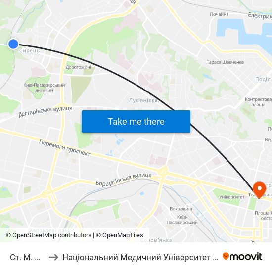 Ст. М. Сирець to Національний Медичний Університет Імені О. О. Богомольця map