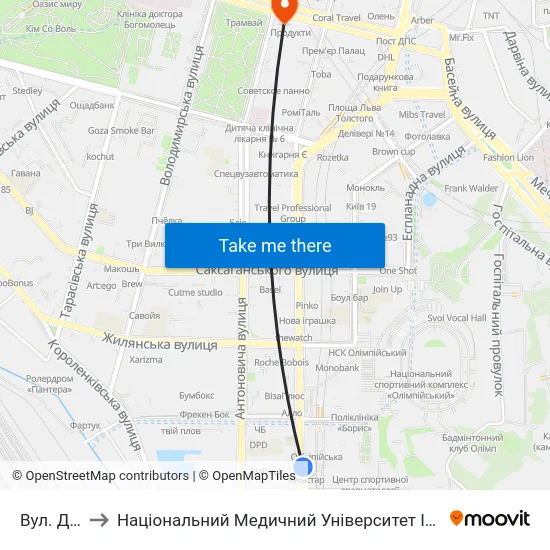 Вул. Ділова to Національний Медичний Університет Імені О. О. Богомольця map