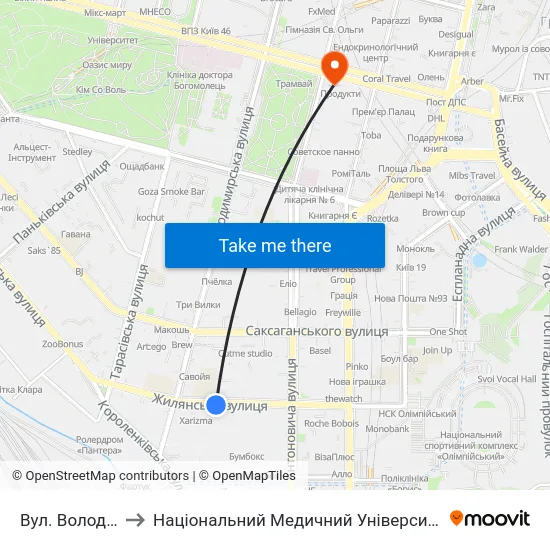 Вул. Володимирська to Національний Медичний Університет Імені О. О. Богомольця map