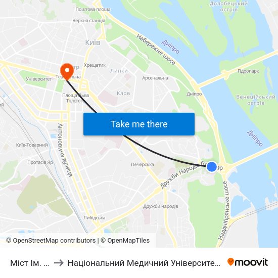 Міст Ім. Патона to Національний Медичний Університет Імені О. О. Богомольця map