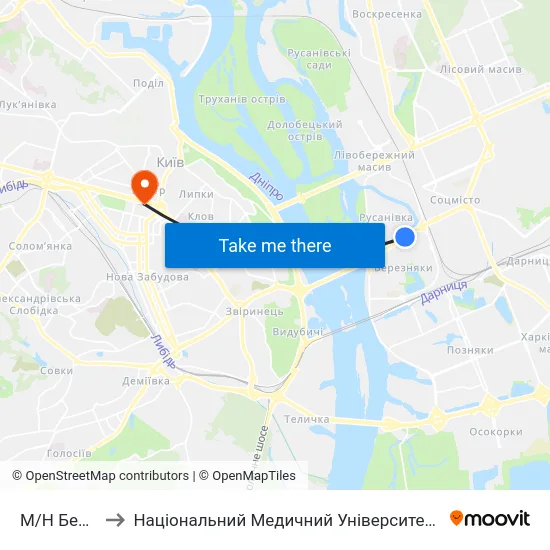 М/Н Березняки to Національний Медичний Університет Імені О. О. Богомольця map