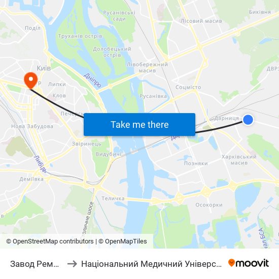 Завод Ремшляхтехніка to Національний Медичний Університет Імені О. О. Богомольця map