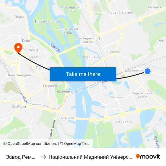 Завод Ремшляхтехніка to Національний Медичний Університет Імені О. О. Богомольця map