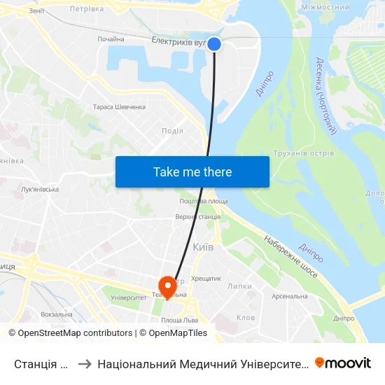Станція Оболонь to Національний Медичний Університет Імені О. О. Богомольця map