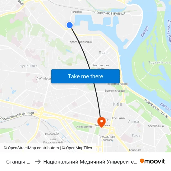 Станція Почайна to Національний Медичний Університет Імені О. О. Богомольця map