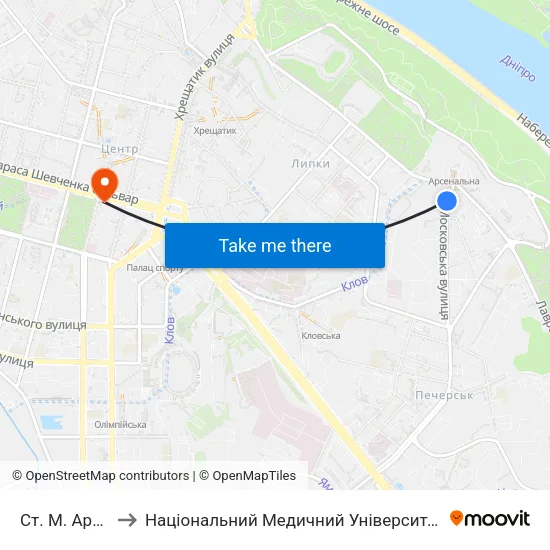 Ст. М. Арсенальна to Національний Медичний Університет Імені О. О. Богомольця map