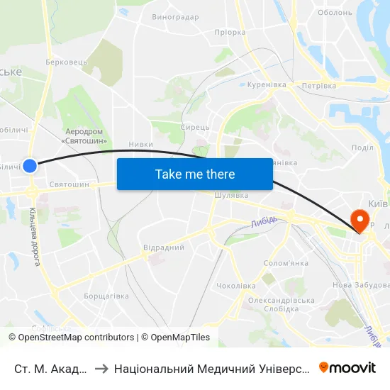 Ст. М. Академмістечко to Національний Медичний Університет Імені О. О. Богомольця map