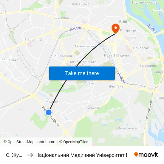 С. Жуляни-1 to Національний Медичний Університет Імені О. О. Богомольця map