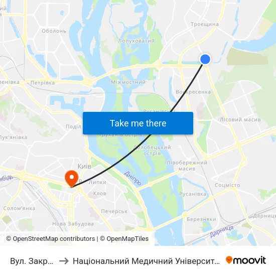Вул. Закревського to Національний Медичний Університет Імені О. О. Богомольця map