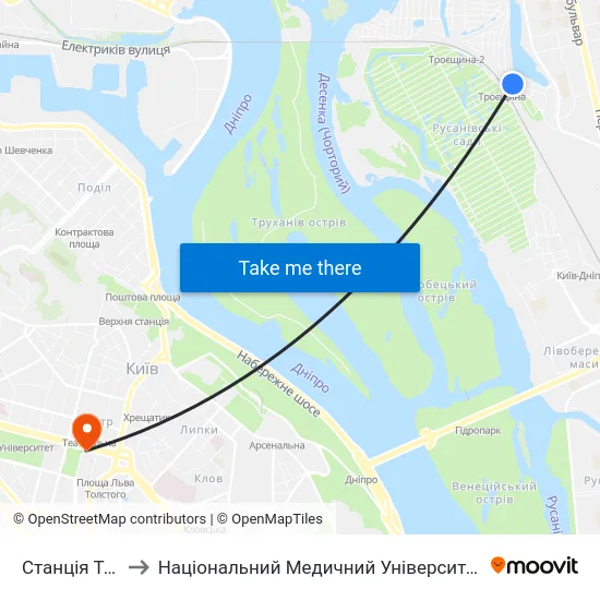 Станція Троєщина to Національний Медичний Університет Імені О. О. Богомольця map