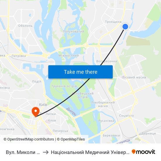 Вул. Миколи Закревського to Національний Медичний Університет Імені О. О. Богомольця map