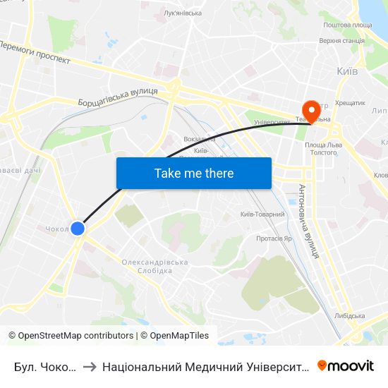 Бул. Чоколівський to Національний Медичний Університет Імені О. О. Богомольця map