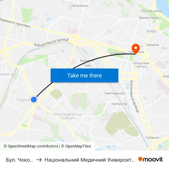 Бул. Чоколівський to Національний Медичний Університет Імені О. О. Богомольця map
