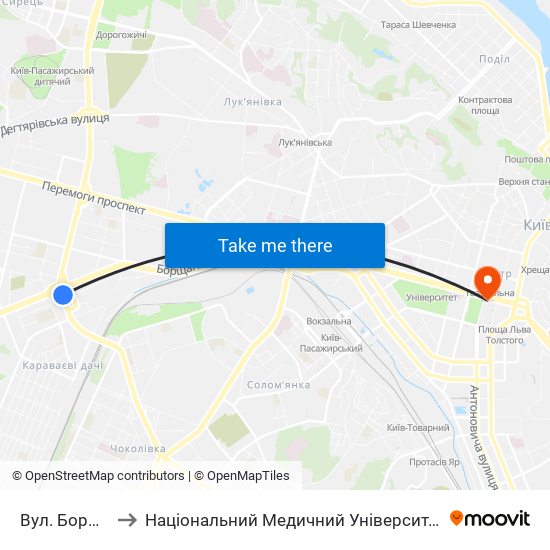 Вул. Борщагівська to Національний Медичний Університет Імені О. О. Богомольця map