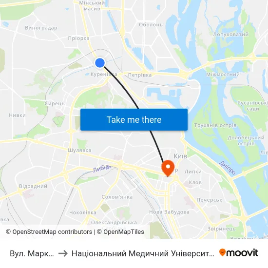 Вул. Марка Вовчка to Національний Медичний Університет Імені О. О. Богомольця map