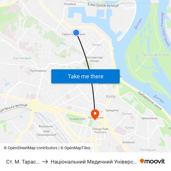 Ст. М. Тараса Шевченка to Національний Медичний Університет Імені О. О. Богомольця map