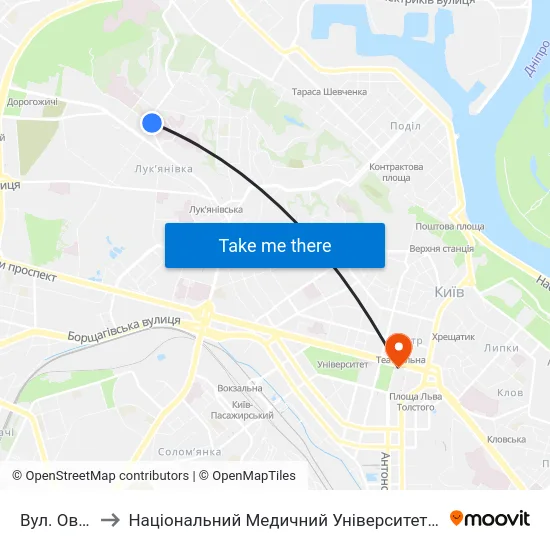 Вул. Овруцька to Національний Медичний Університет Імені О. О. Богомольця map