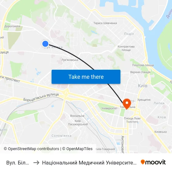 Вул. Білоруська to Національний Медичний Університет Імені О. О. Богомольця map