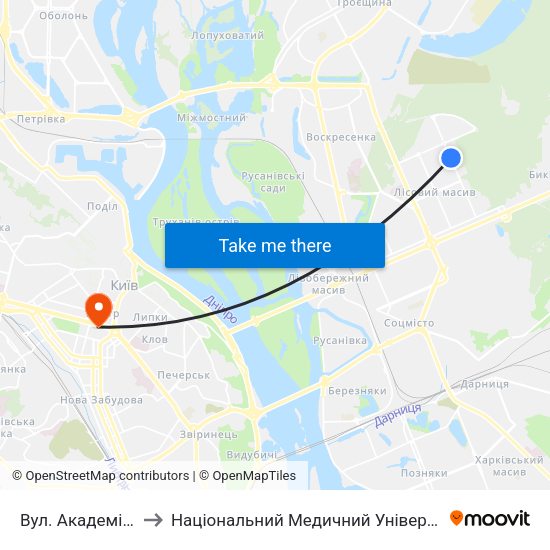 Вул. Академіка Курчатова to Національний Медичний Університет Імені О. О. Богомольця map