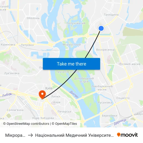 Мікрорайон №1 to Національний Медичний Університет Імені О. О. Богомольця map