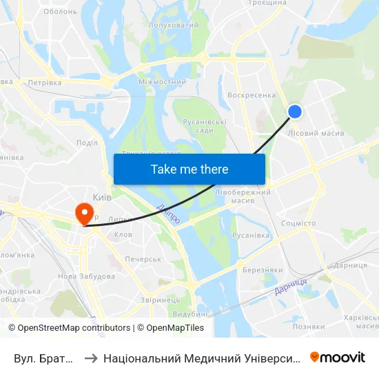 Вул. Братиславська to Національний Медичний Університет Імені О. О. Богомольця map
