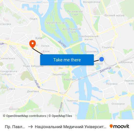 Пр. Павла Тичини to Національний Медичний Університет Імені О. О. Богомольця map