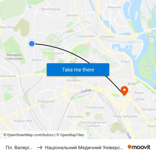 Пл. Валерія Марченка to Національний Медичний Університет Імені О. О. Богомольця map
