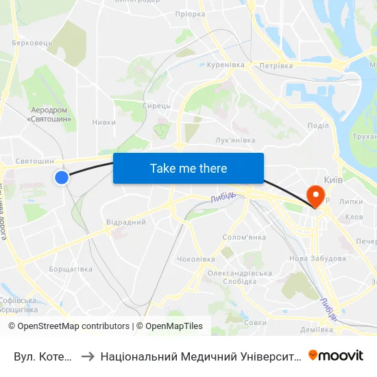 Вул. Котельникова to Національний Медичний Університет Імені О. О. Богомольця map