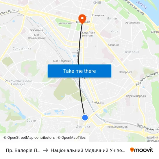 Пр. Валерія Лобановського to Національний Медичний Університет Імені О. О. Богомольця map